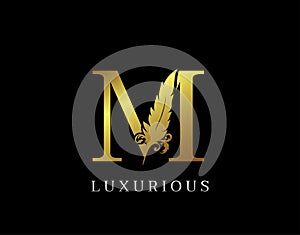 Golden Feather Letter M Luxury Brand Logo icon, vector design concept feather with letter for initial luxury business, firm, law