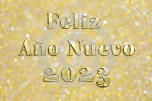 Golden `Feliz AÃ±o Nuevo 2023` text on festive background