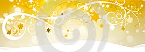 golden festive background with white swirls, stars, and glitter. It feels joyful and is likely for a celebration or holiday