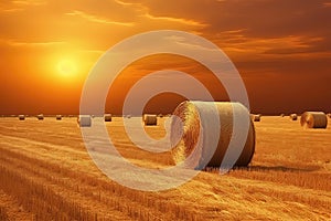 Golden Field With Bales Of Hay, Captured During Sunrise Or Sunset