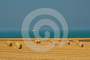 Golden field with cylindrical hay stacks on the French opal coast