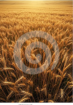 Golden field of ripe wheat (Triticum aestivum) stretches to the horizon, illuminated by photo