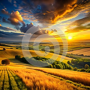 Golden fields under dramatic sunset sky rolling hills