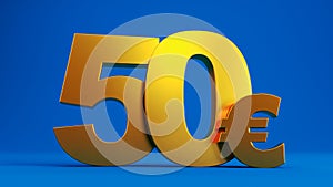 Golden fifty Dollar sign isolated on blue background, 50 dollar price symbol.