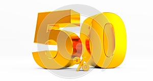 golden fifty percent on a white background. Sale of special offers. Discount with the price is 50%.