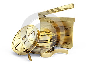 Golden Film Reels and Clapper board