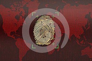 Golden fingerprint on red digital screen. 3D illustration.