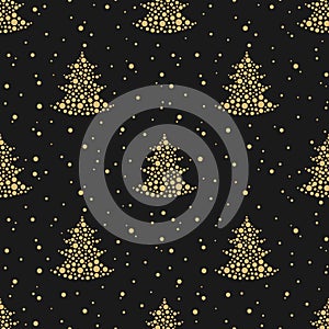 Golden fir-trees with snow on black background. Forest blizzard. seamless winter pattern with spruce