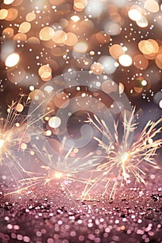 Golden Fireworks Celebration with Bokeh Lights Background