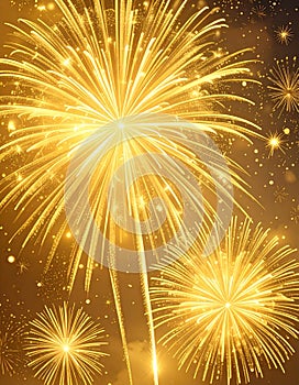 Golden Fireworks Exploding in a Dark Sky Bright Light Festive Celebration
