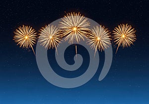 Golden fireworks exploding in the night sky with stars in background