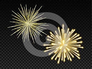 Golden fireworks, sparkles flashes over dark background for festive celebration, new year eve