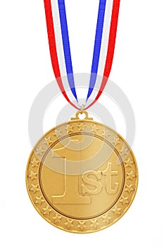 Golden First Place Winners Medal with Ribbon. 3d Rendering