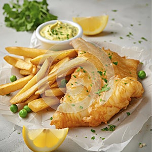 Golden fish and chips meal with tartar sauce and lemon