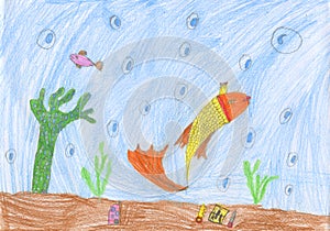 Kids pencil drawing of a golden fish underwater wild life