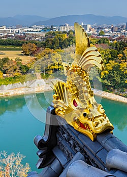 Golden fish sculpture on a pediment of Okayama castle