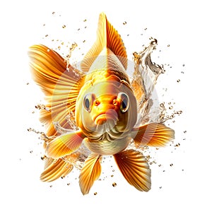 Golden fish with splashing water on white background