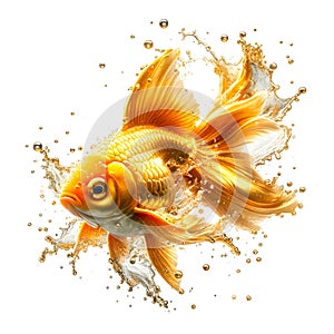 Golden fish with splashing water on white background
