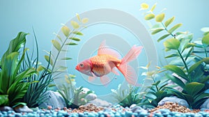 Golden fish swimming in planted aquarium with vibrant underwater flora