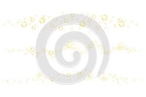 Golden fizzy bubbles of carbonated drink, soda, beer, champagne or wine. Yellow effervescent gas flow. Vector realistic