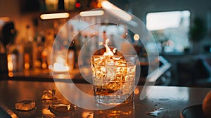 Golden Flame: A Cocktail Ignited, Illuminating a Modern Bar Atmosphere