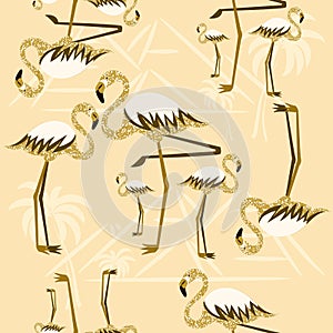 Golden flamingo seamless pattern