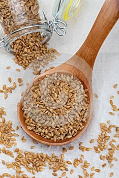 Golden flax seeds. Micronutrient beneficial for the organism that prevents and cures ailments. Rich in fiber and nutrients.