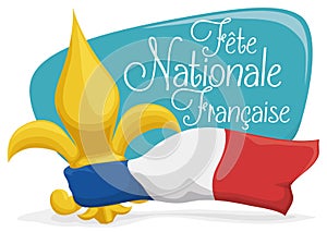 Golden Fleur-de-Lis with France's Flag and Sign for French National Day, Vector Illustration