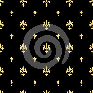 Golden fleur-de-lis seamless pattern. Gold template. Floral classic texture. Fleur de lis royal lily retro background. Design vint