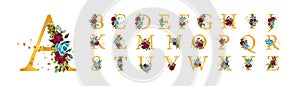 Golden floral alphabet font uppercase letters with bordo navy blue roses