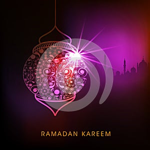 Golden floral design decorated shiny lamp on mosque silhouette background for holy month of Muslim community Ramadan Kareem