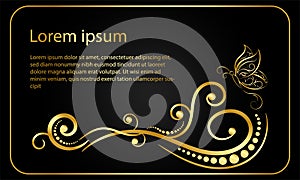 Golden floral elements with heart and butterfly on black background,Ornamental border,swirls and flowers,Decorative design element