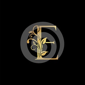 Golden floral letter E logo Icon, Luxury alphabet font initial vector design isolated on black background