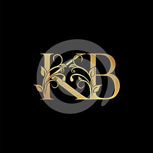 Golden floral letter K and B, KB logo Icon, Luxury alphabet font initial vector design isolated on black background