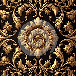 Golden Floral Luxury Damask Seamless Pattern on Black Background - Interior Wall Art and Wallpaper Design