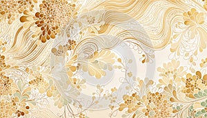 golden floral pattern on light beige background swirls, flowers, and leaves creating an intricate design
