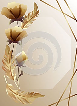 Golden flowers and bird feathers in a watercolor style.