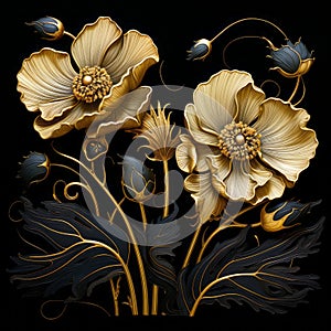 Golden Flowers: Modern Sculptural Engraving Art Graphic For Web And Desktop Design photo