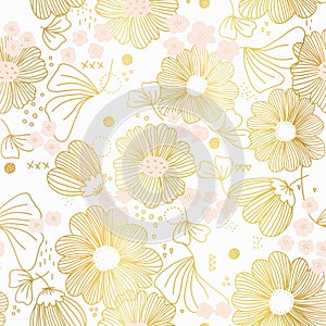 Golden flowers seamless vector pattern. Repeating metallic gold foil floral doodle line art background on white. For elegant