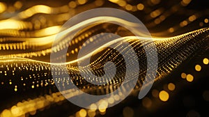 Golden flowing digital waves creating abstract particle data streams