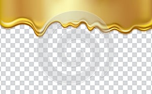 Golden flowing liquid, isolated on transparent background. Gold honey, syrup, oil, paint or metal dripping, 3D realistic