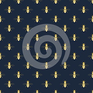 Golden flying honey bee icon pattern on dark old navy background