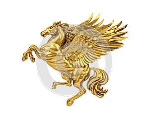 Golden flying horse Pegasus isolated on white background with clipping path.