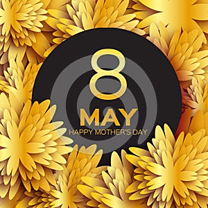 Golden foil Floral Greeting card - Happy Mother's Day - Gold sparkles holiday background with paper cut Frame Flowers.