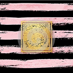 Golden foil with frame on black and pink brush background. Gold texture in square shape on smudged striped wallpaper in