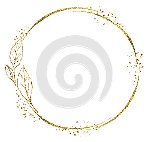 Golden foil frame in circle shape. Gold foil floral illustrations isolated on white. Realistic round template for logo