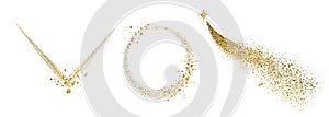 Golden foil frames set: triangular, circle. Gold foil illustrations isolated on white. Christmas star flying. Realistic