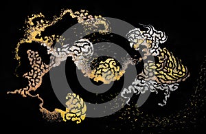 Golden foil Japanese painting element. Dark black background shiny gold metal luxury wallpaper flyer waves. Light glow