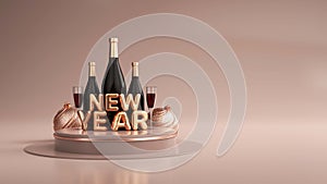 Golden Foil New Year Text With 3D Champagne Bottle, Flute Glasses Over Podium And Baubles On Copper