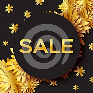 Golden Foil Spring Summer Sale banner with frame for business. Applique Card with origami flowers.